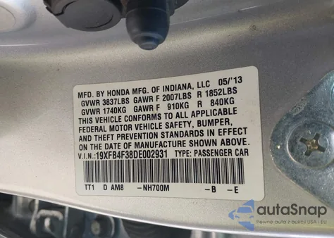 2013 Honda Civic Hybrid из США, поврежденный, VIN 19XFB4F38DE002931